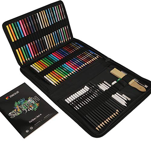 Kit Disegno Completo 74 pezzi - Principianti o Professionisti, Astuccio da 24 matite acquerello 12 matite colorate 12 matite metalliche 12 matite da disegno e Accessori - 1 Album da Disegno incluso
