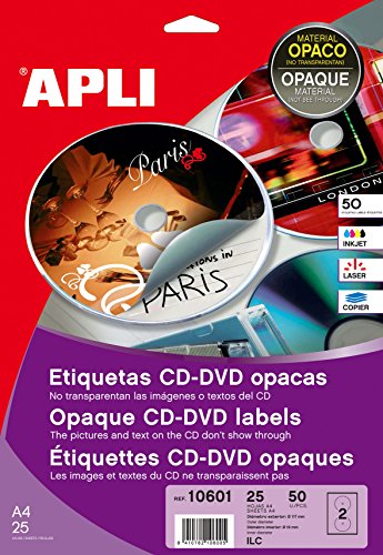 Apli 10601 Confezione 25 Etichette per CD, Opaco