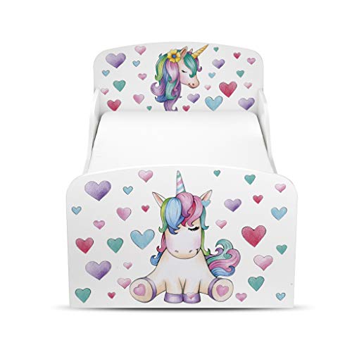 Leomark Letto per bambini in legno, lettino con materasso, magnifiche stampe, spazio per dormire 140x70 cm, mobili per bambini, rete a doghe, atrezzatura stanza per bambino, motivo: UNICORNO