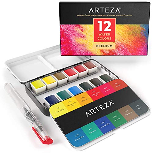 Arteza Pittura Per Acquarelli Set da 12 Mezzi Cofanetti Premium con Brush Pen Acquarellabile, Colori Assortiti, Ideali sia per chi Impara che per l'Esperto di Acquerello