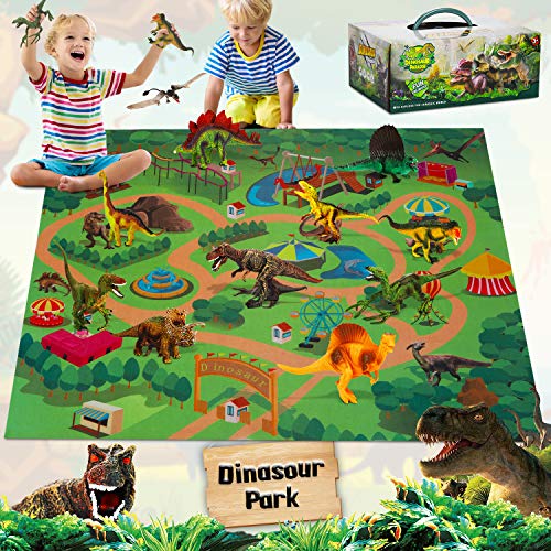 Fivejoy Dinosauro Giocattolo, Figura del Giocattolo del Dinosauro con 11 Dinasours e Tappetino Resistente - Educational Tappetino Dinosaur Compreso T-Rex Velociraptor, Regali per Ragazzi