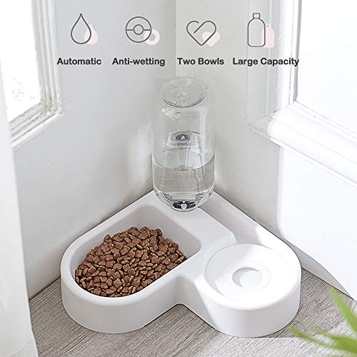 2 in 1 Distributori Automatici di Cibo & Acqua per Gatti e Cani, Anti Bagnata Abbeveratoio Gatti Cat Feeder Automatico per Animali con Bottiglia, Distributore Acqua Pet Feeder Automatico(Bianco)