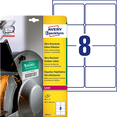 Avery L7914-10 Etichette Ultra Resistenti Polietilene Flessibile, 10 ff, 99.1 x 67.7 mm, Bianco