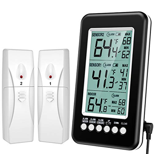 ORIA Digitale Termometro per Frigorifero, Termometro Frigo Senza Fili con 2 Sensori e Allarme Audio, Schermo LCD da 4.3 '', Termometro del Congelatore, Record Min/Max, USB/Alimentato a Batteria
