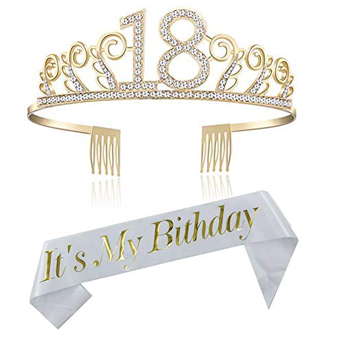 REYOK Oro 18 Anni di Compleanno Donna Tiara Birthday Corona 18 Compleanno Glitter Bianca Gold “Its My Birthday” Sash per Feste di Compleanno o Torte di Compleanno Decorazion