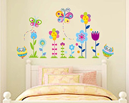 ufengke® Gufi Cartone Animato Farfalle e Fiori Adesivi Murali, Camera dei Bambini Vivai Adesivi da Parete Removibili/Stickers Murali/Decorazione Murale