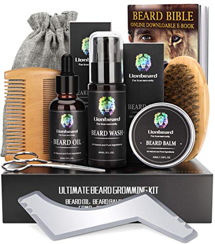 Kit Barba per Uomo Cura Crescita Toelettatura & Rifilatura, Olio Barba, Balsamo Barba, Spazzola, Pettine, Forbici per Baffi, Borsa di Stoccaggio, Migliori Set Regalo Uomo per Lui