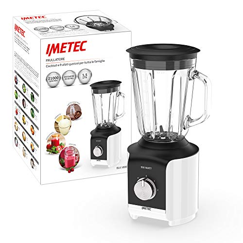 Imetec BL6 1000 Frullatore Alta Velocità 21000 giri/min, 500 W, Bicchiere in Vetro 1.5 litri, 6 Lame Tritaghiaccio Acciaio Inox, 2 Velocità con Pulse, Foro Dosa Liquidi