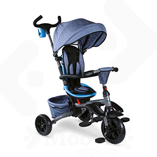 Mondo On&Go - Moovi Explore Triciclo / Passeggino per Bambini - Maniglione a Spinta, tenda parasole, cesto porta oggetti - da 12 mesi fino a 5 anni - colore Blu Jeans