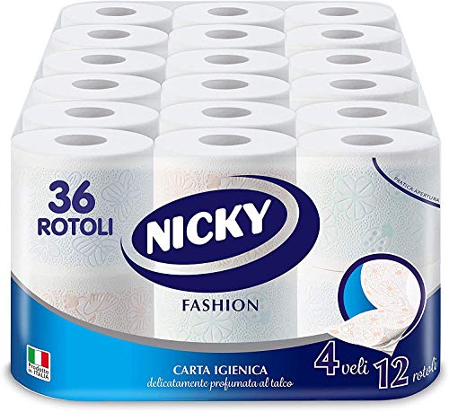 Nicky Fashion Carta Igienica a 4 veli | Confezione da 36 Maxi Rotoli | 165 strappi per rotolo | Decorata Resistente e Morbida sulla pelle| Delicatamente profumata al talco | Prodotta in Italia