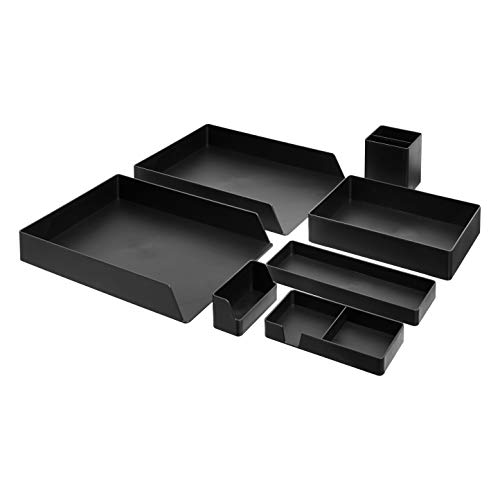 AmazonBasics Plastic Organizer - Set di 2 ripiani portacorrispondenza, 1 vassoio piccolo, 1 vaschetta e 1 mezza vaschetta portaoggetti, 1 portapenne, 1 porta biglietti da visita, colore: nero