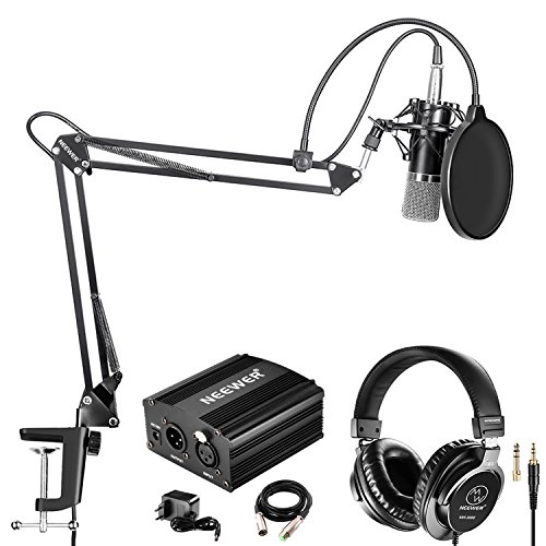 Neewer Kit di Microfono a Condensatore Professionale NW-700 & Cuffie Monitor di Monitoraggio con Alimentazione 48V Phantom, Stand NW-35, Supporto & Filtro Pop (Nero)