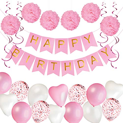 Decorazioni per Feste di Compleanno Bambina - 43 Pz - Include Striscione Happy Birthday, Pompon di Carta, Palloncini, Palloncini a Coriandoli, Decorazioni a Spirale - Set Rosa e Bianco per Bimba