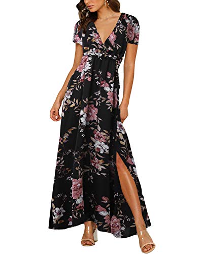 Auxo Vestito Lungo Elegante Maxi Vestiti Donna Estivi Senza Maniche Abito Lungo Spiaggia Floreale Stampa Abito Cerimonia Nero XL