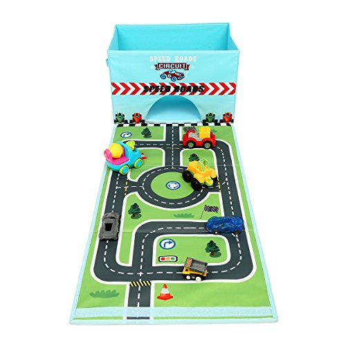 Livememory, scatola porta giochi pieghevole in tessuto con tappeto da gioco per bambini (auto non incluse)