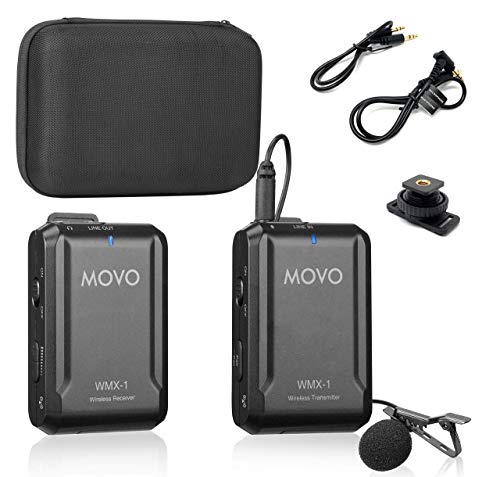 Movo WMX-1 Microfoni lavalier universali 2,4 GHz, sistema wireless di microfoni a clip, compatibili con smartphone, DSLR e camera, con accessori