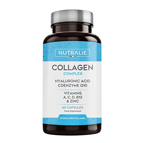 Collagene + Acido Ialuronico | Arricchito con Vitamina C, Zinco e Coenzima Q10 | Collagene Idrolizzato Per Mantenimento di Articolazioni, Ossa e Pelle | 60 Capsule | Prodotto da Nutralie
