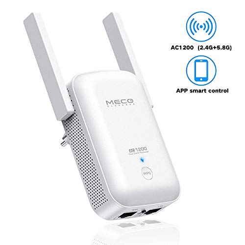 MECO ELEVERDE AC1200 Ripetitore WiFi Wireless Amplificatore Segnale Wi-Fi Repeater Range Extender WiFi Universale Access Point WiFi Dual Band 2,4 GHz+ 5GHz, 2 Porta Ethernet Controllo App per Casa