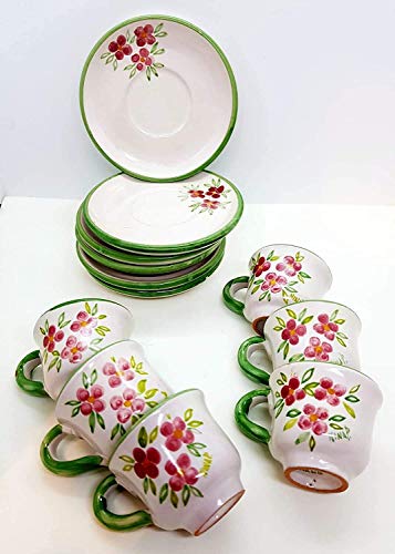 6 Tazzine da caffè + 6 Piattini Coordinati Linea Fiori Rosa Bordo Verde Ceramica Handmade Le Ceramiche del Castello Made in Italy Dimensioni H 5,20 x L 8,30 cm. cadauna