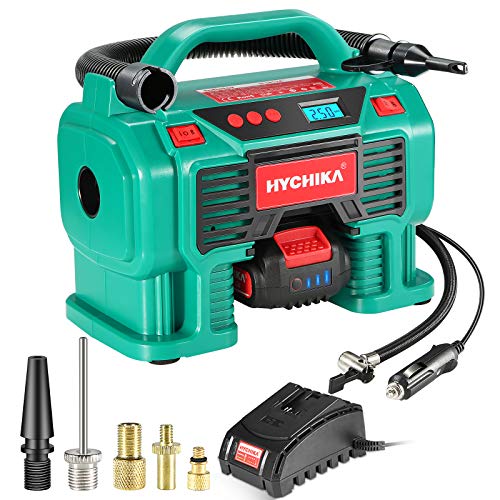 Compressore Aria Portatile, HYCHIKA 5PCS Adattatori, 160PSI, 380L/Min, Luce LED, Presa Accendisigari 12V, Schermo LCD, Batteria 18V per Ruote Auto, Bicicletta, Palla, Compressore Portatile per Auto