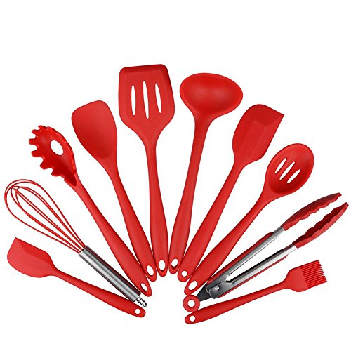 Utensili da Cucina Silicone 10 Pezzi Resistente al Calore Antiaderente Cucina Cottura, Tenaglie,Frusta, Pennello,Spatola,Cucchiaio Fessurato,Noodle Cucchiaio,Scanalato Spatola.