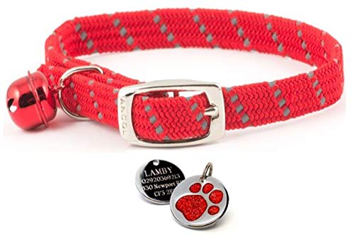 ANCOL, collare rosso riflettente elastico e morbido per gatti con incisione personalizzabile e stampa di zampa di gatto. Etichetta identificativa.