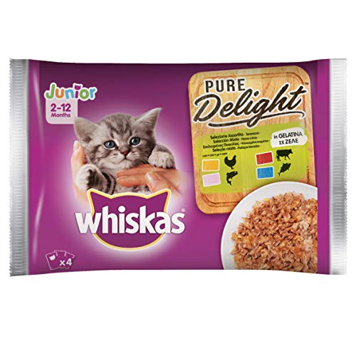 Whiskas Pure Delight in Gelatina Assortito Junior, Multi Gusto, 4 x 85 g, Cibo per Gatto 0-12 Mesi, 13 Confezioni (52 Bustine in Totale)