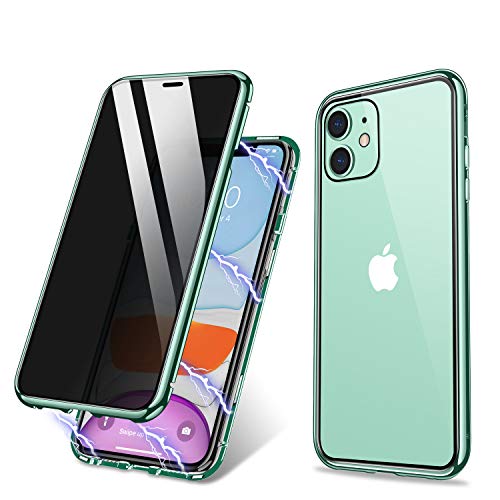 ZHIKE Custodia per iPhone 11, Custodia per adsorbimento Magnetico Anti-Peep Frontale e Posteriore in Vetro temperato Copertura a Schermo Intero Flip Privacy Cover per(Anti Spia-Verde Trasparente)