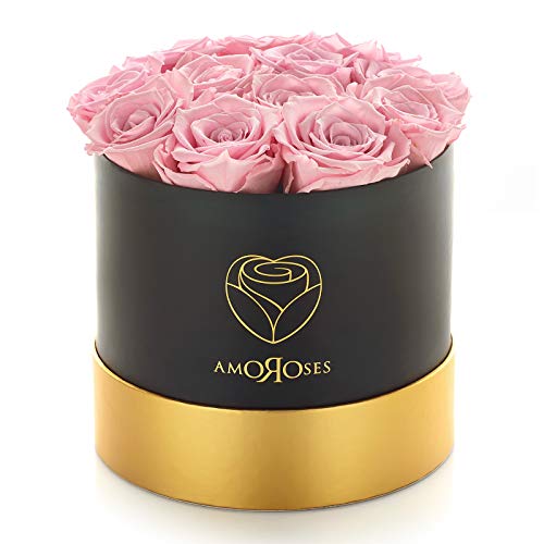 Amoroses 12 Rose Stabilizzate Vere durano Anni - Idea Regalo Originale per Donna, per Compleanno, Laurea e Altre Occasioni Speciali (Scatola Nera con Rose Rosa)