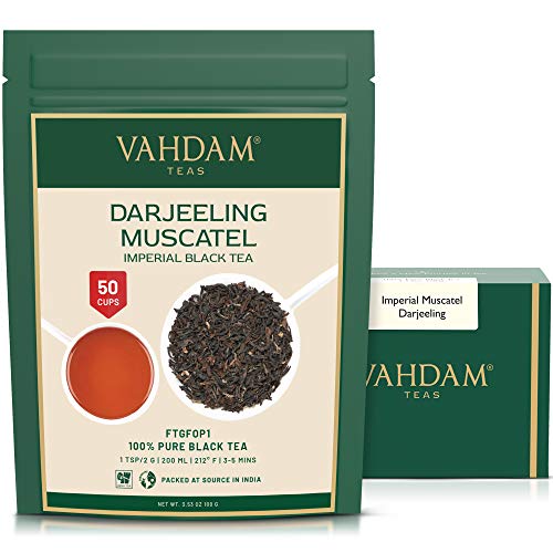 VAHDAM, Imperial Moscatello Darjeeling Tè (50 tazze) | Foglia sciolta del tè Darjeeling FULL-BODIED & AROMATIC | 100% PURE SECOND FLUSH Foglie di tè nero | Brew come tè caldo, tè freddo o latte 100gr