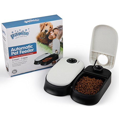 PAWISE, Distributore automatico di cibo per animali domestici, per cani e gatti, dispenser per 2 pasti, ciotola con timer