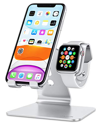 OMOTON 2 in 1 Supporto per Apple Watch, Stand Tavolo per iPhone e iWatch, Dock per Apple Watch SE/6/5/4/3/2/1(38 mm/40 mm/42 mm/44 mm), Porta Compatibile con iPhone 12, SE 2020, 11 PRO, XS Max,Argento