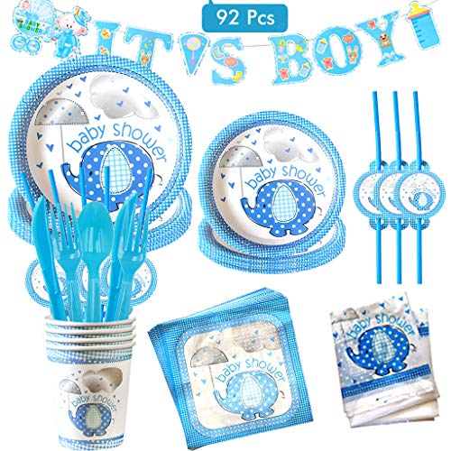 Amycute 92 Pezzi Baby Shower Ragazzi Kit, It's A Boy Striscioni, Piatti di Carta, Tovaglia, Bicchieri, Tovaglioli, Stoviglie per Baby Shower Ragazzi