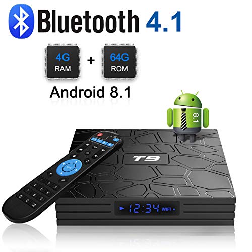 Android 8.1 TV Box, T9 Android Box con 4 GB di RAM 64 GB ROM RK3328 Processore quad-core Cortex-A53 Bluetooth 4.1 2.4Ghz/5.0Ghz WiFi Supporta 4k2k Ultra H.265 Smart Set-Top TV Box