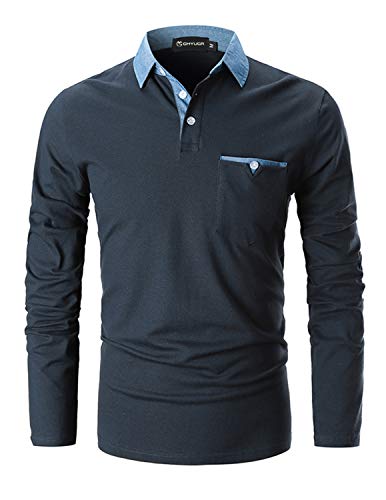 GHYUGR Polo da Uomo Manica Lunga Maglietta Cotone Cuciture in Denim Collare Casuale Poloshirt Camicia Golf T-Shirt,XL,Marina