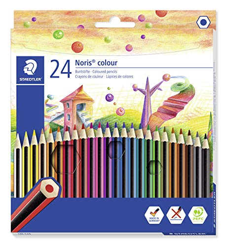 STAEDTLER matite colorate Noris Colour, confezione da 24 colori con tonalità differenti e mine resistenti in WOPEX, 185 C24