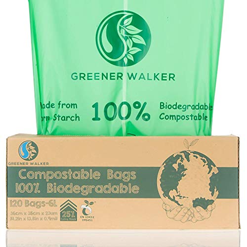 Greener Walker 25% Extra Spesso Compost biodegradabile 6L/10L/30L Sacchi per Rifiuti Alimentari da Cucina(6L-120 Sacchetti)