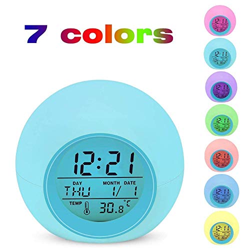 Sveglia Digitale, Lypumso Allarme Sveglia per Bambini con 7 colori, Intelligente a LED Elettronica Orologio da Comodino, con Tempo 12/24 Ore, Data, Temperatura, Funzione Snooze