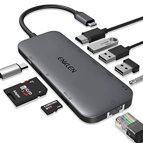 Enklen - Hub USB C 9 in 1 con 4 K HDMI, dock Ethernet, 100 W Power Delivery, 2 USB 3.0, USB 2.0, lettore di schede SD/TF, Audio/Mic per MacBook Pro/Air, Chromebook e altro