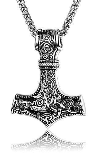 Finrezio - Collana con ciondolo a forma di Mjöllnir/martello di Thor, stile vichingo, in acciaio inossidabile, da uomo, colore: Argento/Nero e Acciaio inossidabile, colore: Argento, cod. 12FZ-XL053-Sz