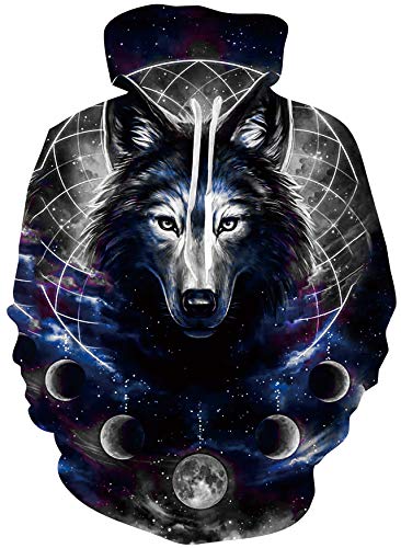 Loveternal Lupo Felpa Ragazzo 3D Stampato Wolf Hoodie Fresco Leggero Pull Girocollo Sweatshirt per Donna Uomo L