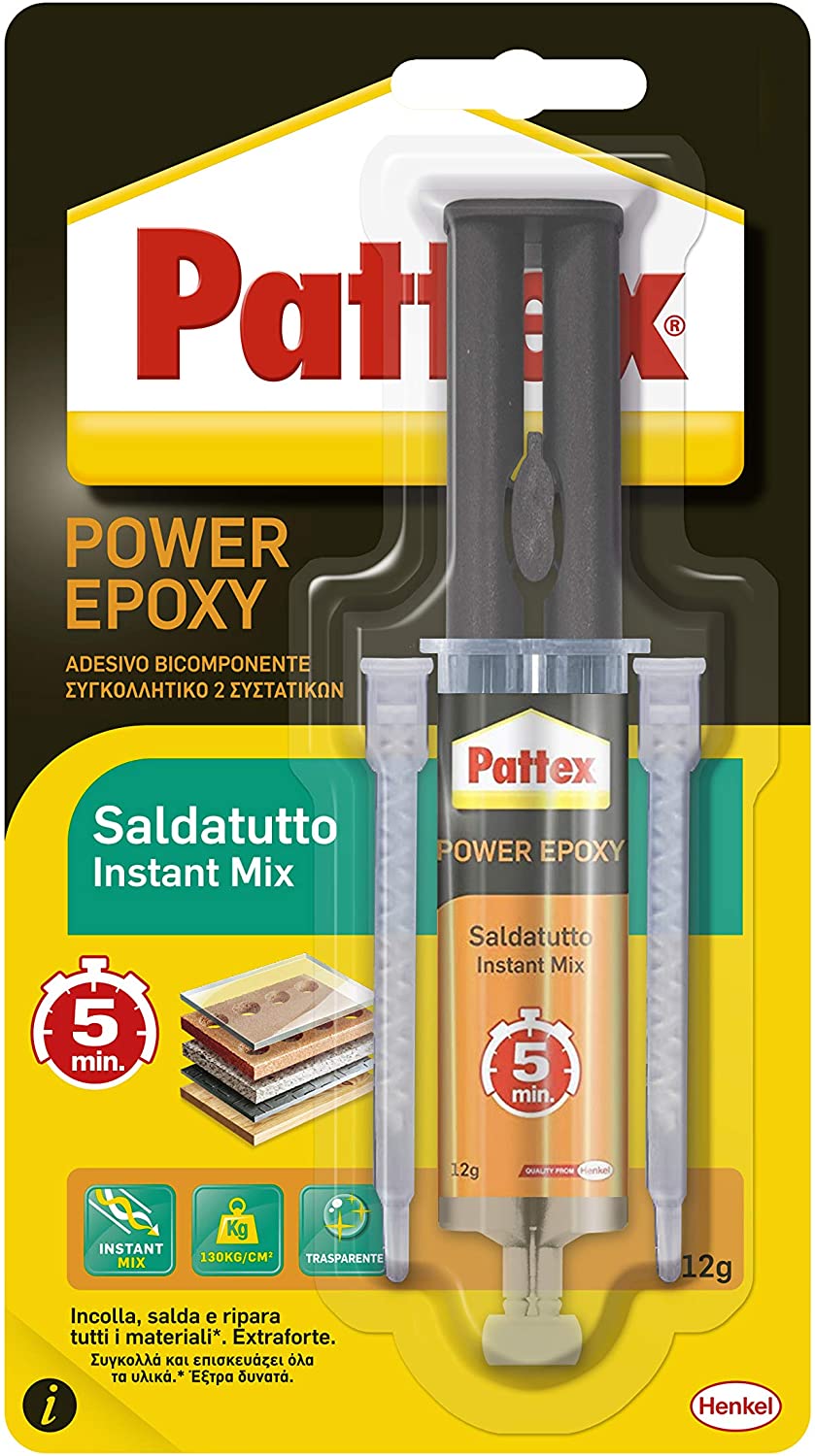 Pattex Power Epoxy Saldatutto Mix 5 minuti, forte colla epossidica bicomponente a elevata tenuta finale, colla multiuso adatta per quasi ogni materiale, trasparente, 1x12g