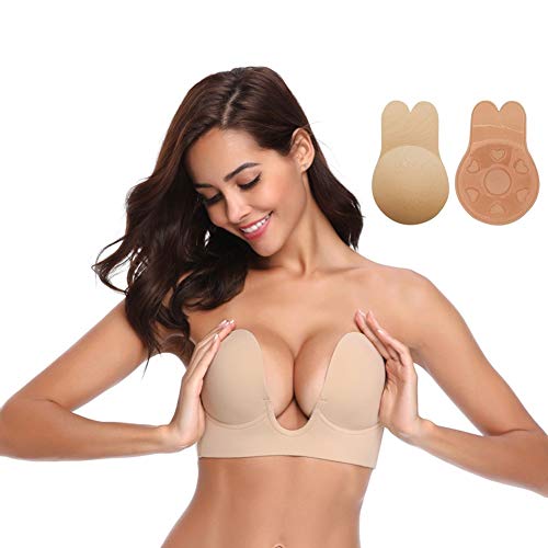 Sinoeem Reggiseni Adesivi da Donna + Push Up Invisibile Reggiseno (Regalo), Riutilizzabile Reggiseno Invisibile Bra in Silicone Autoadesivo Push Up Senza Spalline (D, Bianca - U)