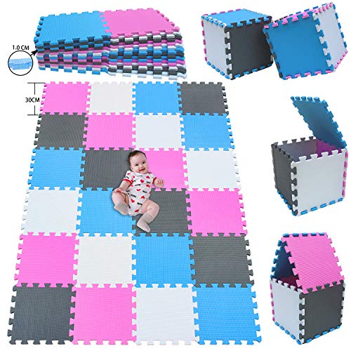 MSHEN 24 Foglio Tappeto Puzzle con Certificato CE e Certificazione in Soffice Schiuma Eva | Tappeto da Gioco per Bambini | Tappetino Puzzle...dimensione1.94 mq,bianco-rosa-blu-grigio-01030712g24