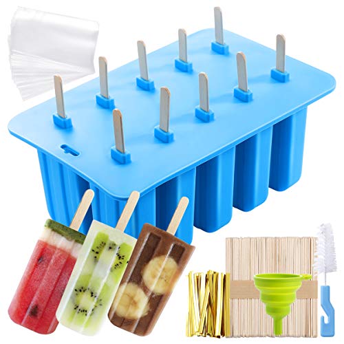 MojiDecor Stampo per Ghiaccioli in Silicone Kit Stampo per Gelato Riutilizzabile Senza-BPA con Vassoio Stecchini Legno Imbuto Pennello da Pulizia Produttori per Ghiaccioli Gelati DIY Ice Pop Maker Blu