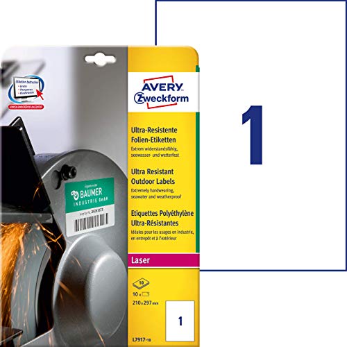 Avery L7917-10 Etichette Ultra Resistenti Polietilene Flessibile, 10 ff, 210 x 297 mm, Bianco