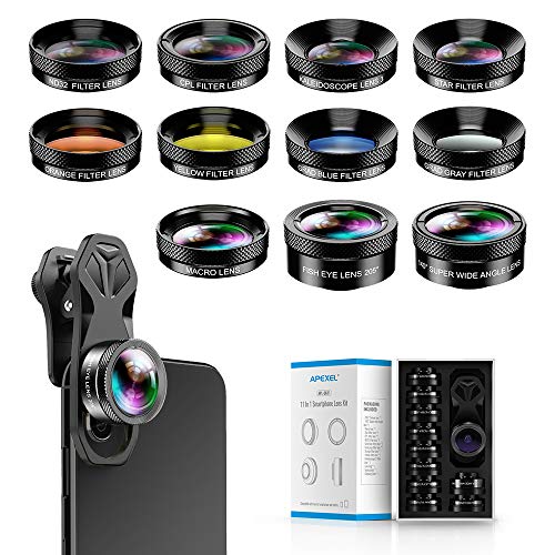 Apexel 11 in 1 - Kit obiettivo grandangolare e obiettivo macro+obiettivo fisheye, ND32, caleidoscopio, CPL, obiettivo a colori, compatibile con iPhone, Samsung Sony e la maggior parte degli smartphone