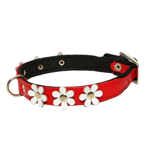 Collare per cani in cuoio, imbottita, motivo floreale con margherite a mano, colore: rosso con fodera floreale, colore: nero e Bianco