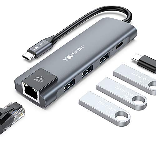 VEMONT Hub USB C, 5 in 1 in Alluminio Tipo C Adattatore con 3 Porte USB 3.0, Gigabit Ethernet RJ45, Caricabatterie PD 100W, Compatibile con MacBook Air/PRO/iPad dell XPS e Altri dispositivi USB C