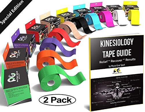 Physix Gear Tape kinesiologico - Nastro K Tape Sportivo 5m x 5cm Non Tagliato - Nastro Adesivo Impermeabile per dolori muscolari al Ginocchio, Gomito, Schiena, Spalla - Sport Tape con Guida 2PZ Nero